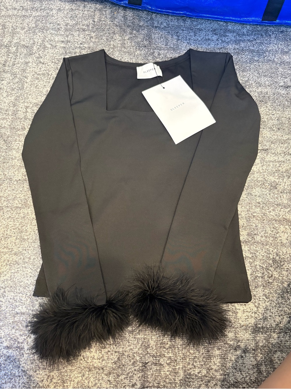 Sleeper Black Long Sleeve Top with Feather Trim